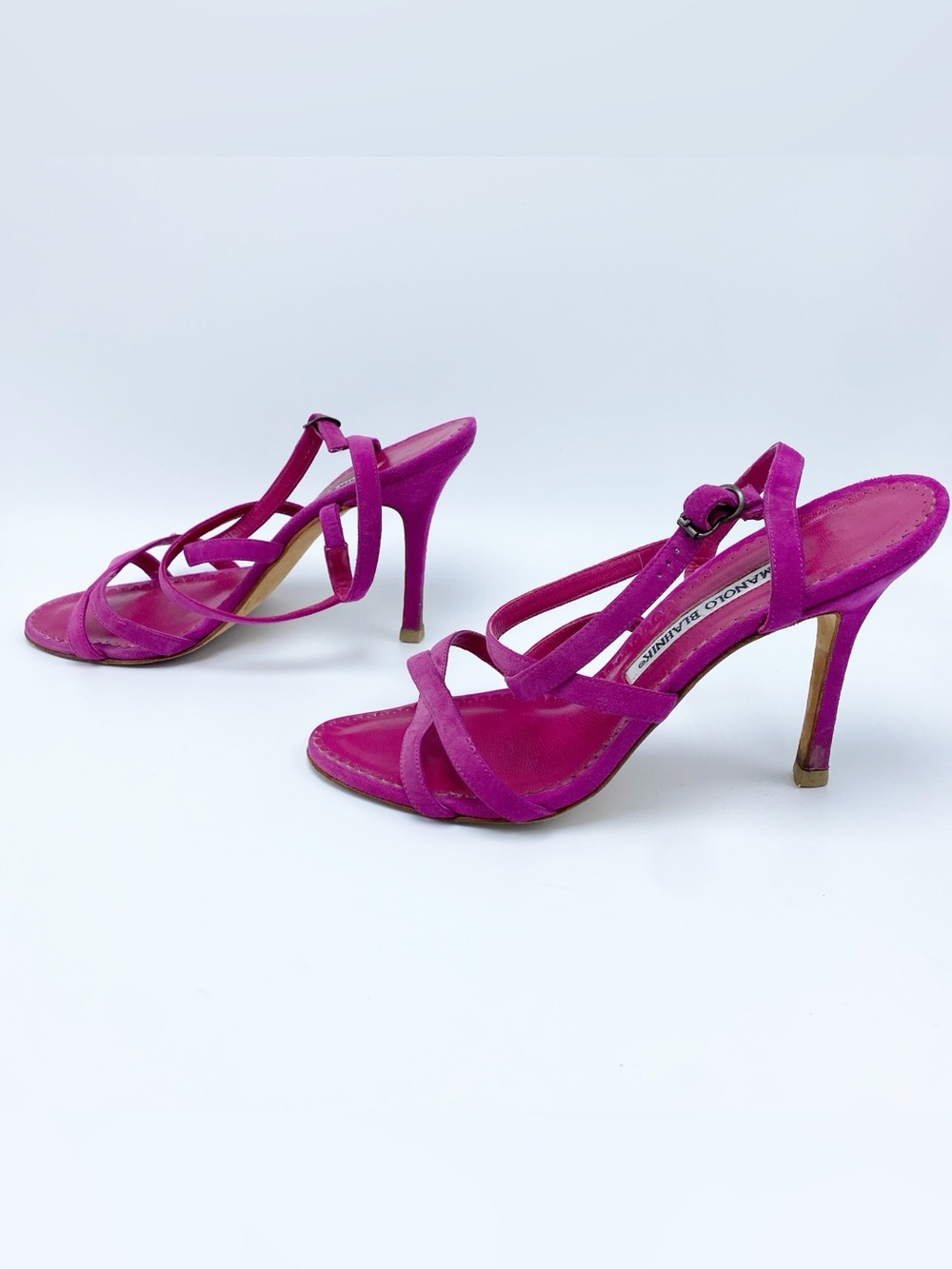 Manolo Blahnik 36.5 / 6.5 Fuchsia Suede Strappy Stiletto Heel Sandals - Picture 4 of 10